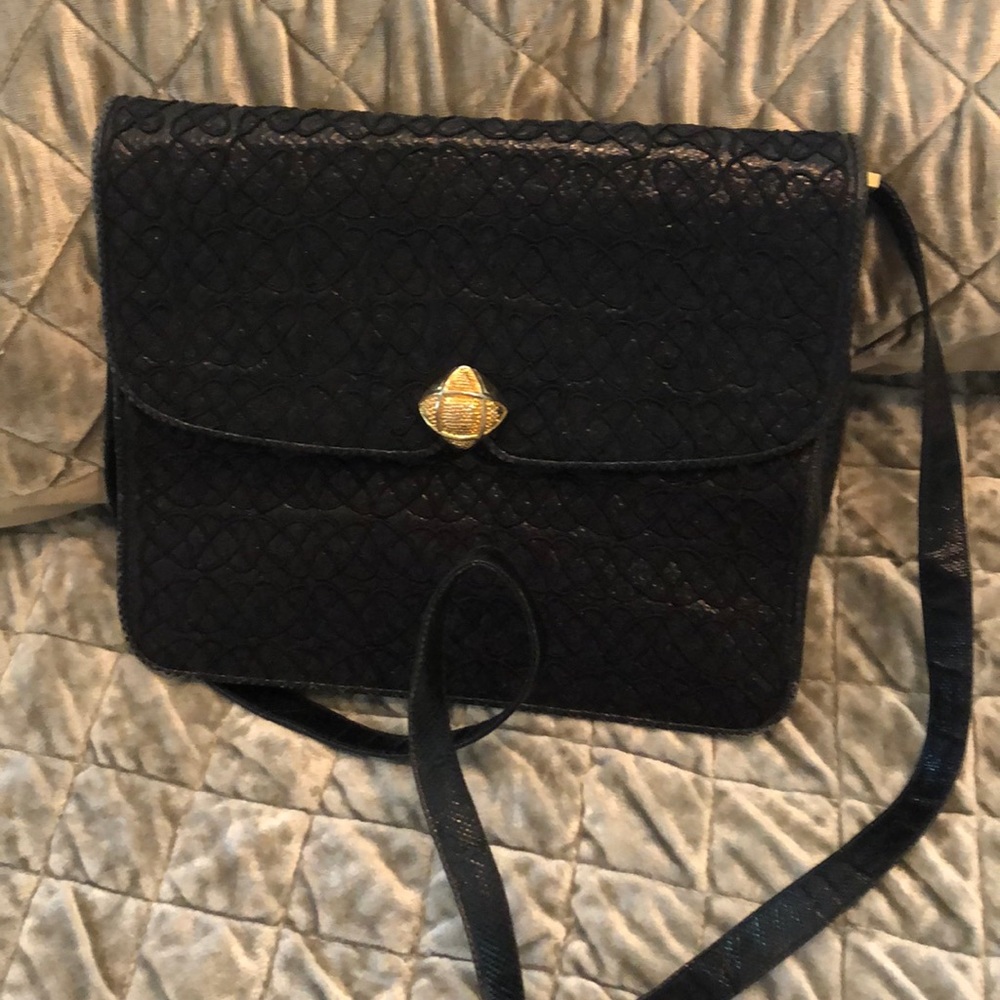 Judith Leiber black silk and snake skin vintage purse